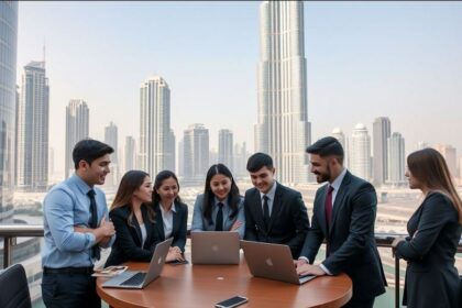 Skyline of Dubai with job seekers in foreground