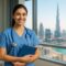 Professional nurse in hospital uniform smiling and holding medical chart inside a modern UAE hospital with Dubai skyline visible through the window.