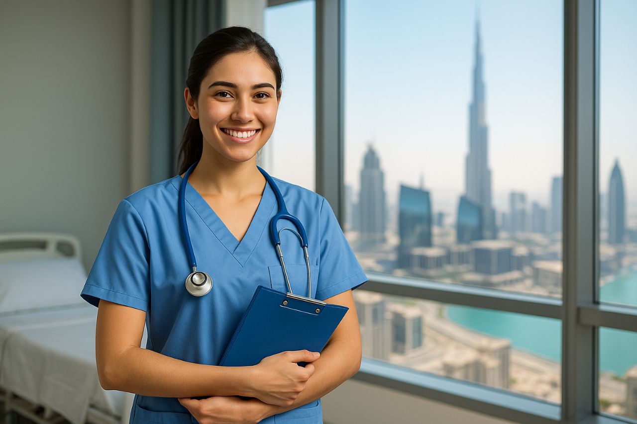 Professional nurse in hospital uniform smiling and holding medical chart inside a modern UAE hospital with Dubai skyline visible through the window.